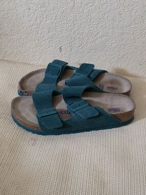 Birkenstock Teal Suede Double-Buckle Slide Sandals Size 37